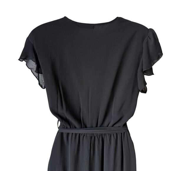Fit  Flare Black Midi Dress Small Flutter Sleeve Mock Wrap Coquette Flirty Flowy - Picture 5 of 16